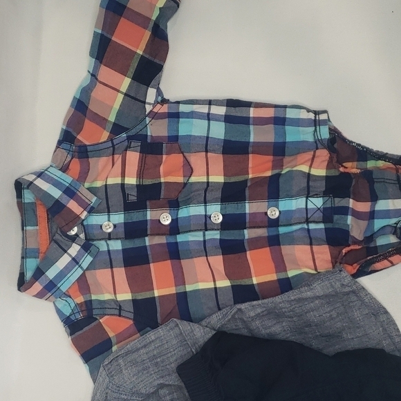 𝅺TOMMY BAHAMAS Denim Shirt + NWT OSHKOSH Plaid Bodysuit + Shorts + NWOT Sandals - Picture 6 of 6